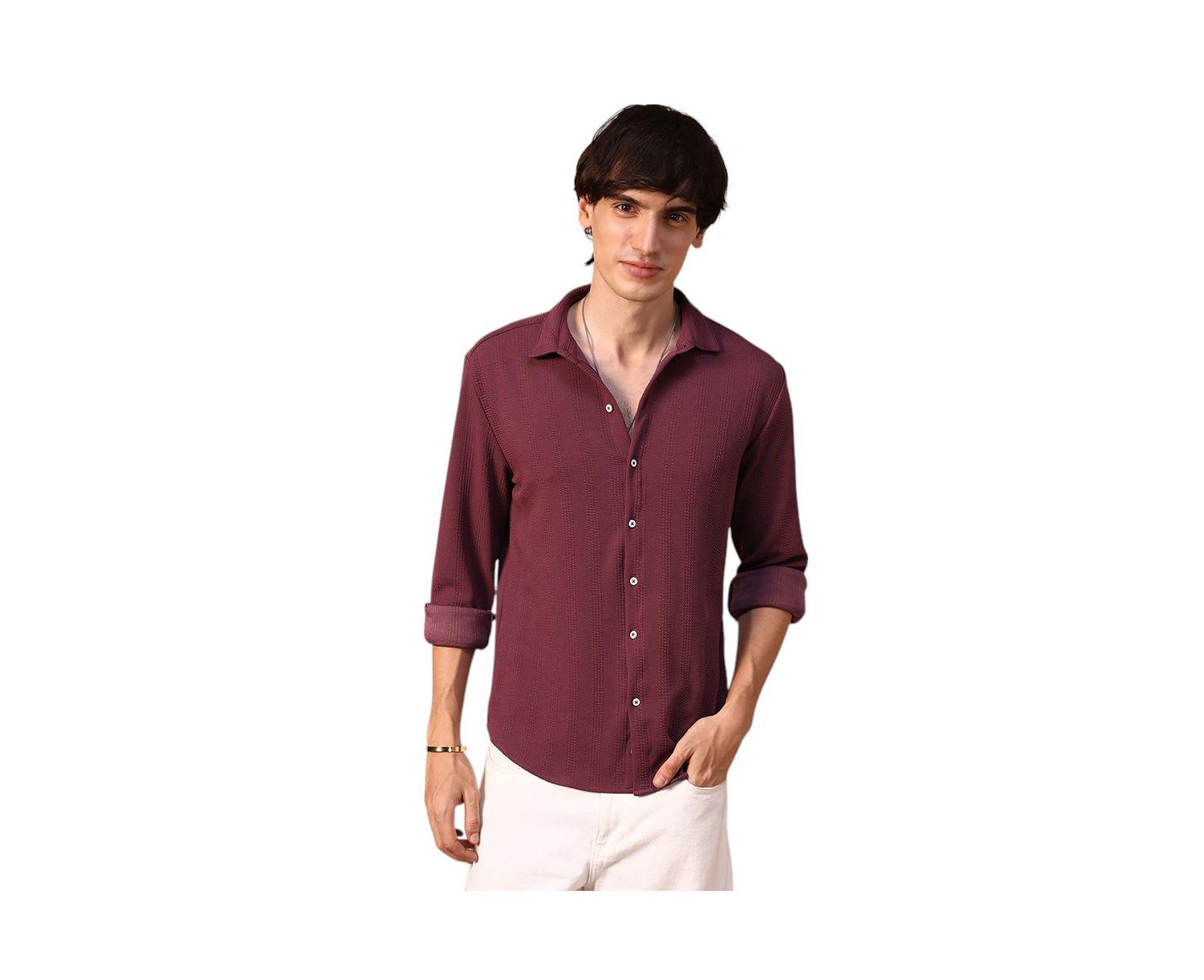 Men's Burgundy Red Rope-Textured Shirt