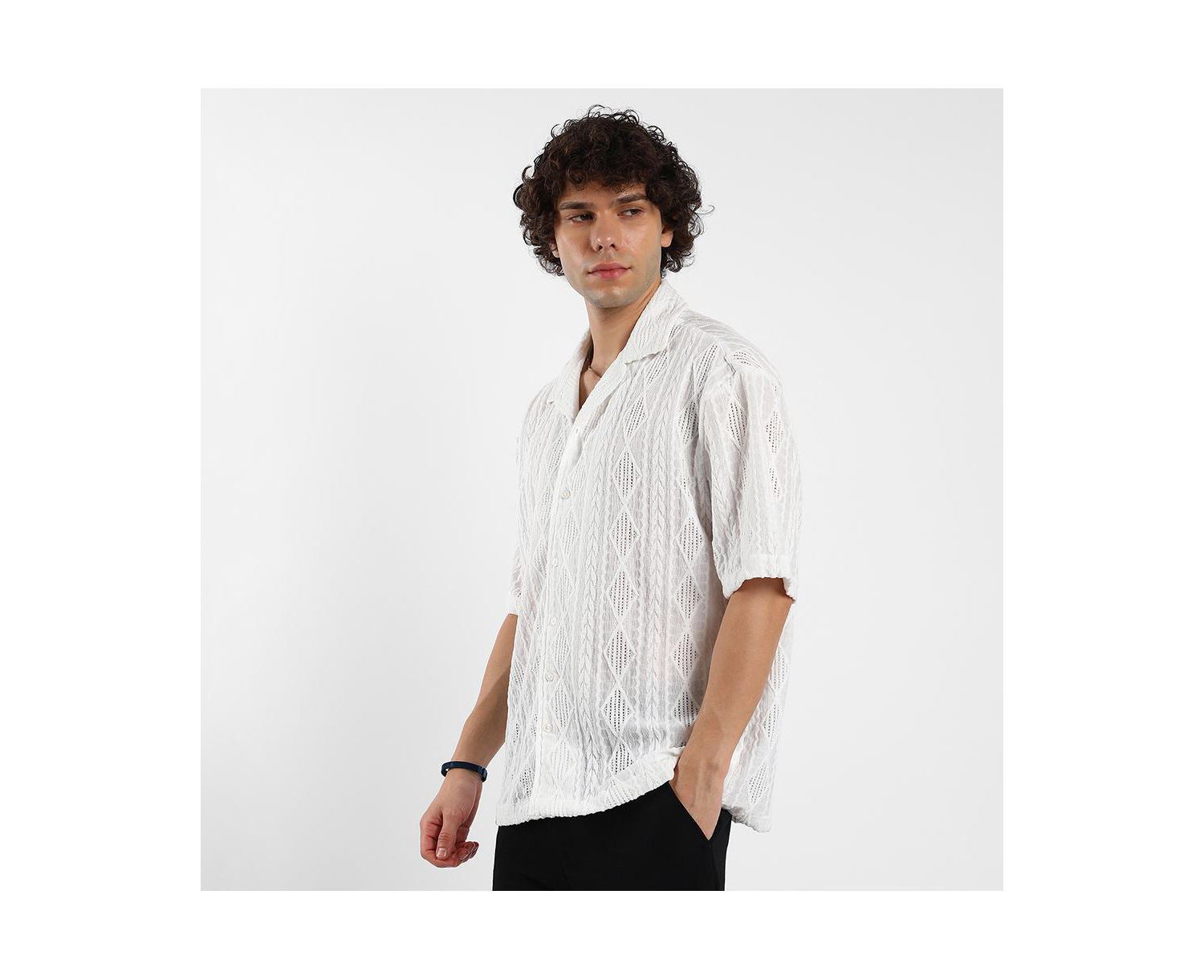 Men's Daisy White Argyle-Textured Oversized Shirt