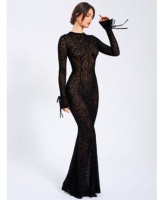 Women Waylynn Black Animal Print Burnout Velvet Detail Mesh Backless Maxi Dress