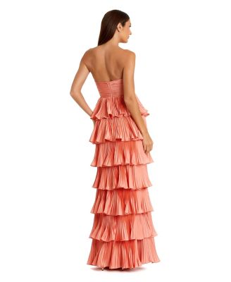 Women's Pleated Charmeuse Strapless Tiered Ruffle Gown