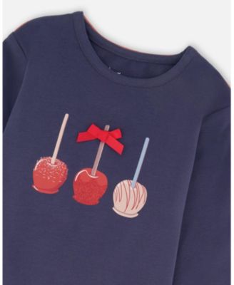 Big Girls Cotton T-Shirt Navy Blue with Apple Treats