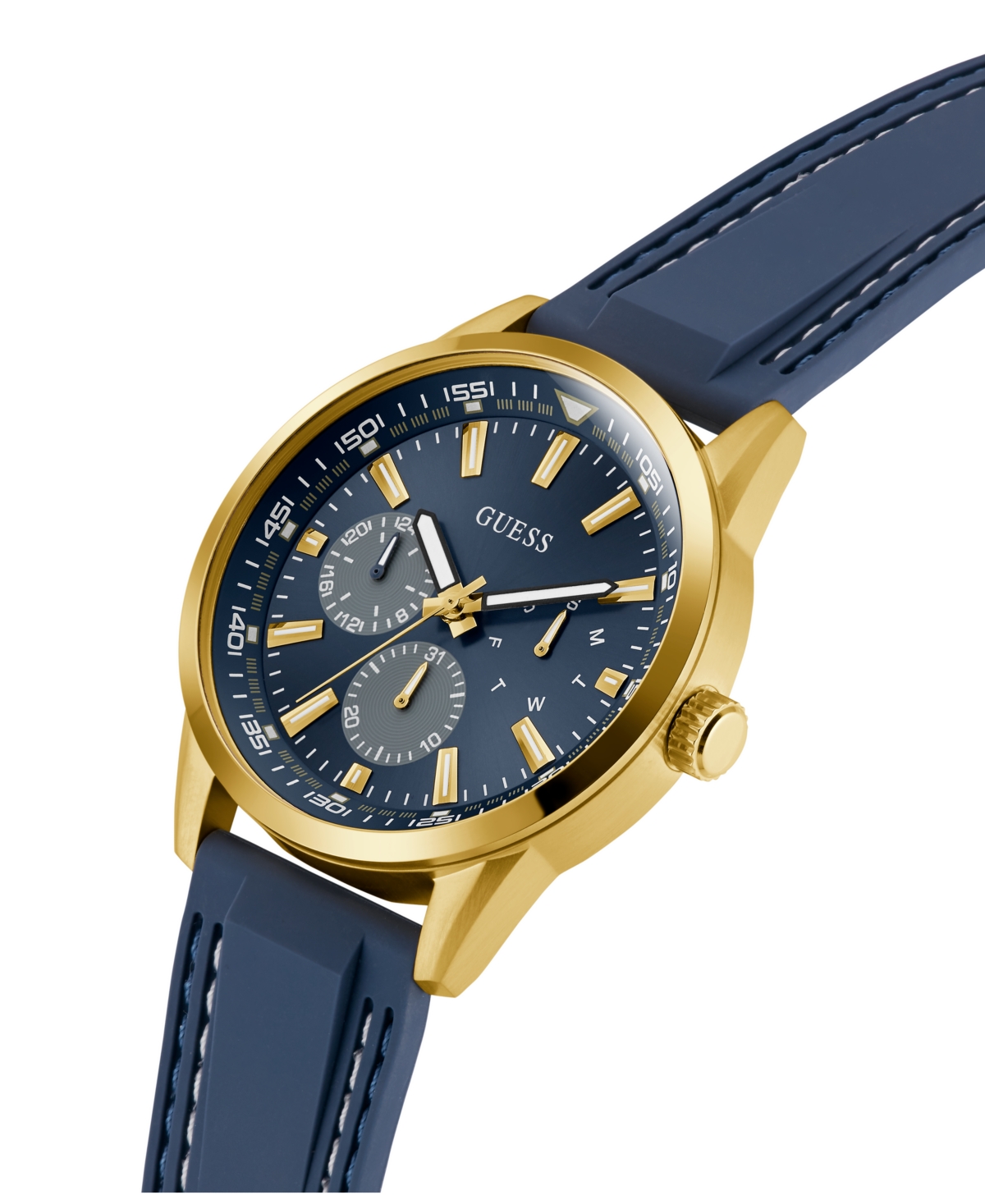 Guess Men's Blue Gold Tone Multi-function Watch, 44mm In Blue
