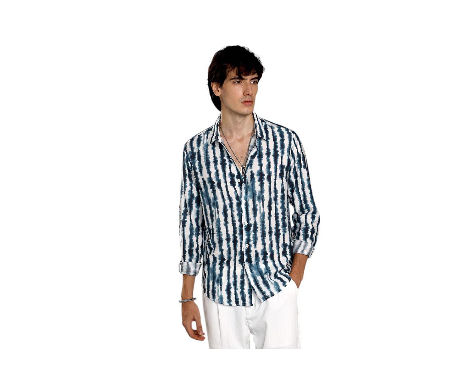Men's Indigo Blue & Daisy White Ink-Striped Shirt