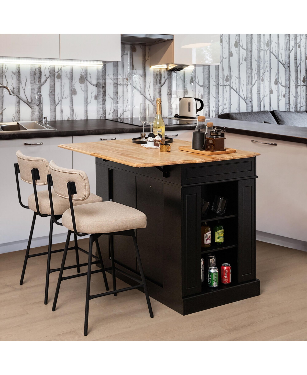 Gymax Large Kitchen Island Drop Leaf Breakfast Bar w/ Wood Top Shelves Drawers