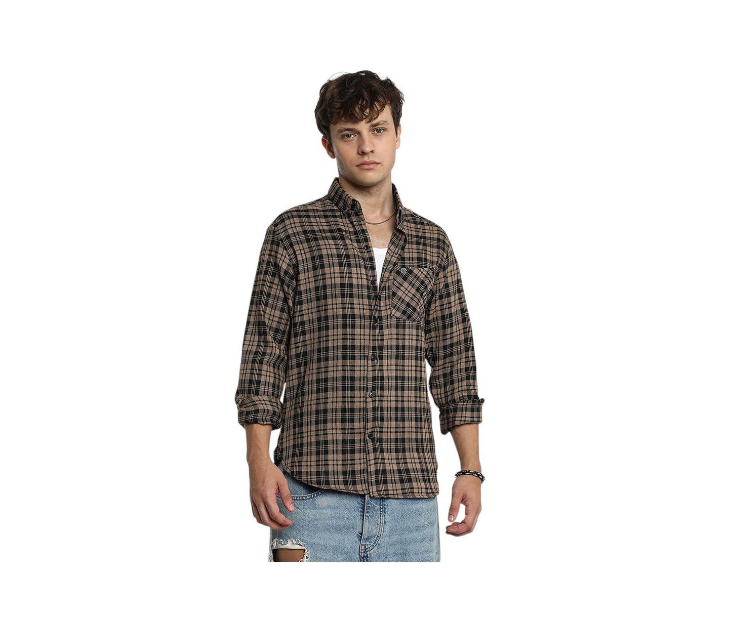 Мужская рубашка Cahoot Campus Sutra Tan Brown & Charcoal Black Tartan Plaid, цвет: Чёрный — фото 1