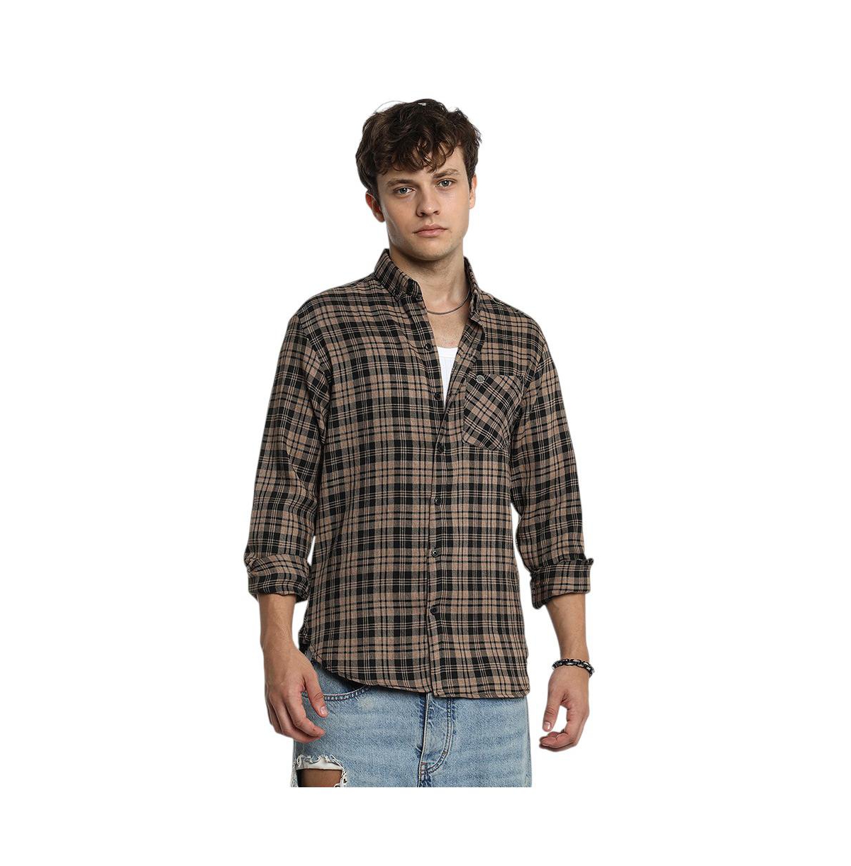 Men's Tan Brown & Charcoal Black Tartan Plaid Shirt - Black