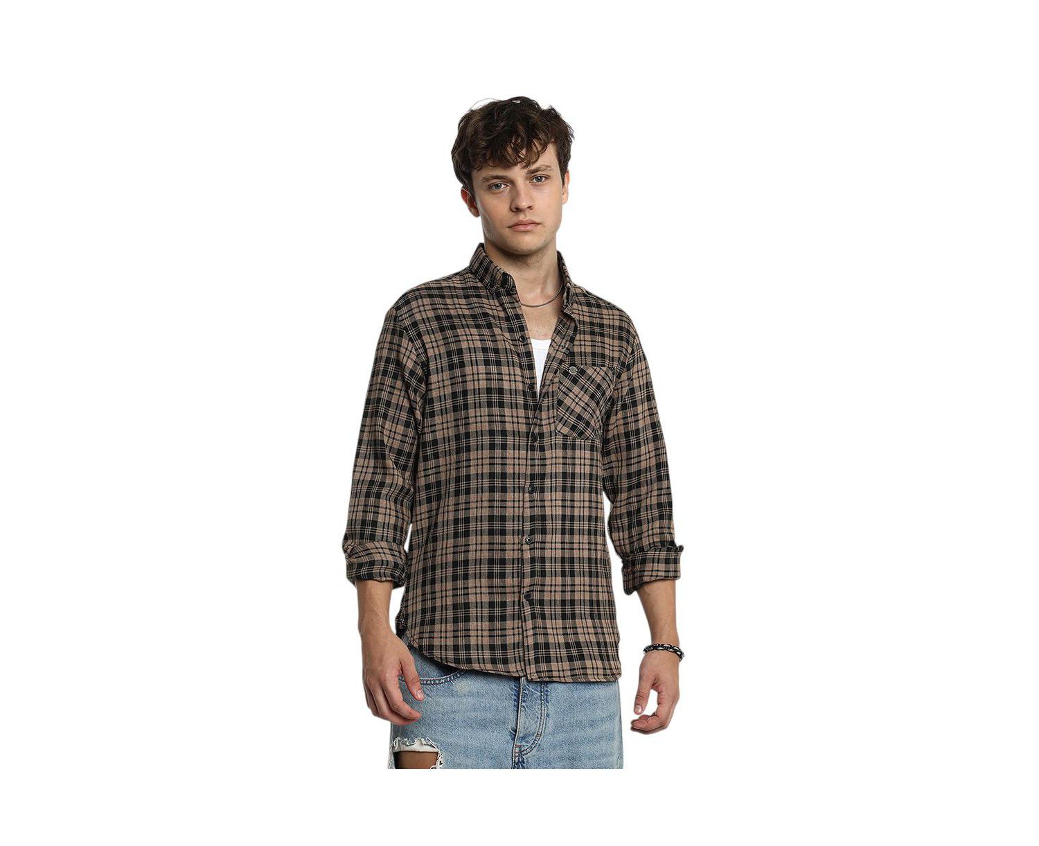 Men's Tan Brown & Charcoal Black Tartan Plaid Shirt
