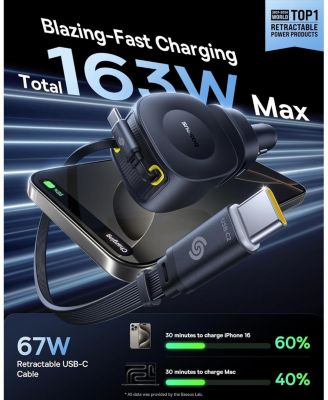 163W Retractable Car Charger USB C Fast Charging, PrimeTrip VR2 Max 4 in 1 Car Charger with Dual USB C Cable