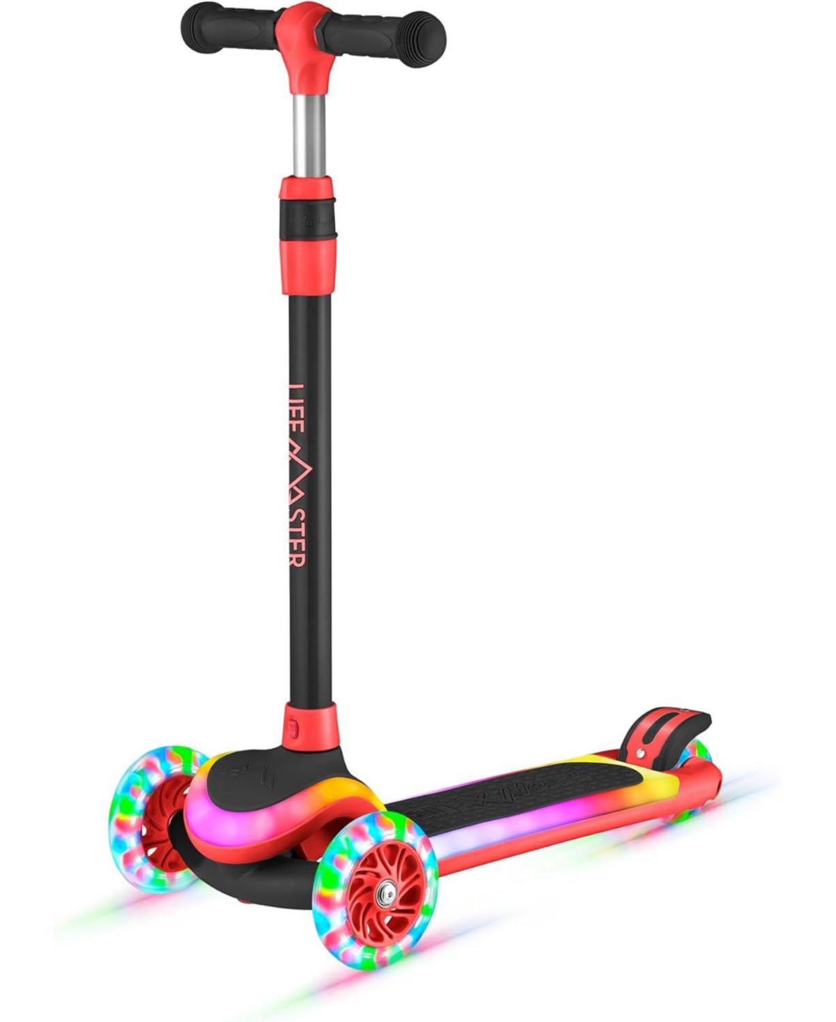 Lifemaster 3-Wheel Kids Scooter with Multi-Color Lights on Deck & Wheels – 5-Height Adjustable Handlebar, Wide Anti-Slip Deck, Child Safety Certified,
