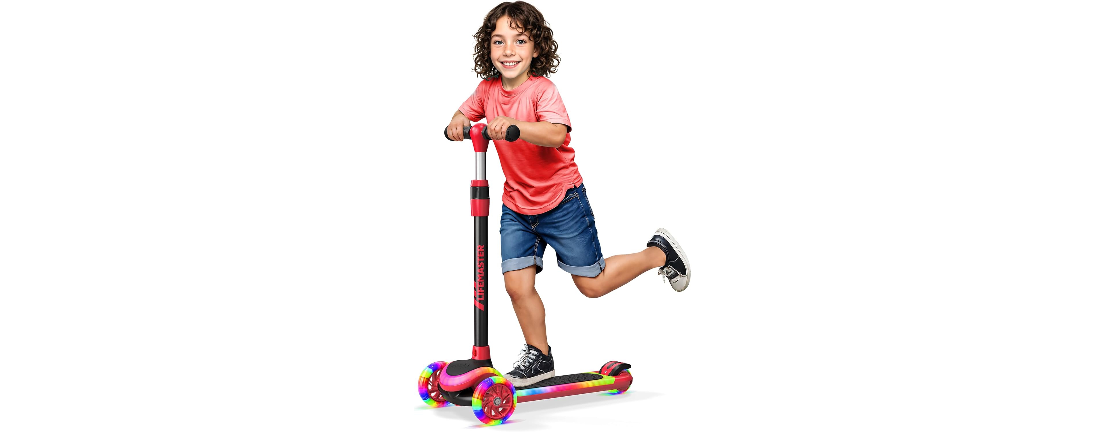Lifemaster 3-Wheel Kids Scooter with Multi-Color Lights on Deck & Wheels – 5-Height Adjustable Handlebar, Wide Anti-Slip Deck, Child Safety Certified,