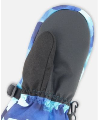 Boys Winter Mittens Teknik Teal Blue Camouflage