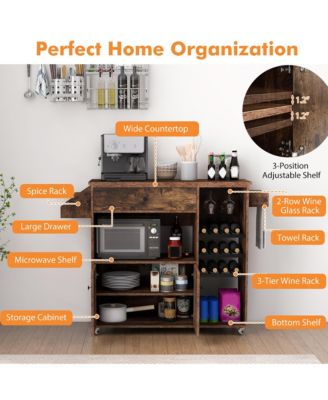 Drop-Leaf Kitchen Island Cart with Power Outlet, Microwave Shelf, Wine Rack & Drawer