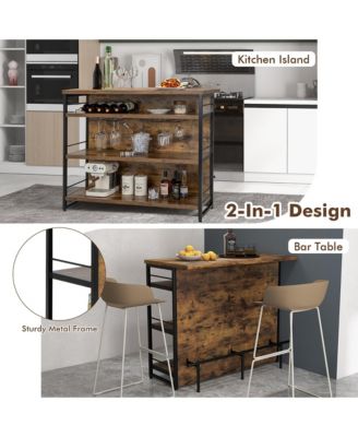47" Metal, MDF Wine Rack, Glass Holders, Footrest, 4-Tier Shelf Industrial Kitchen Island Bar Table