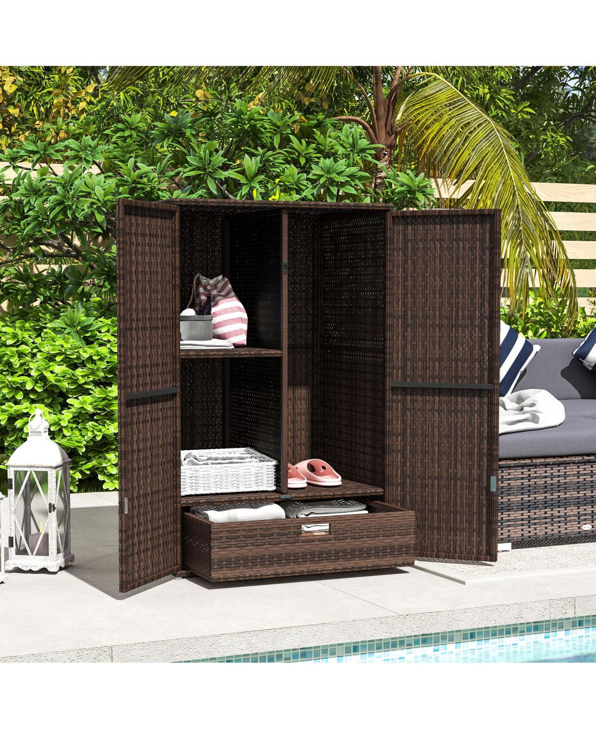 Outsunny Outdoor Wicker Towel Rack for Pool w/ Drawer & Cabinet, Dark