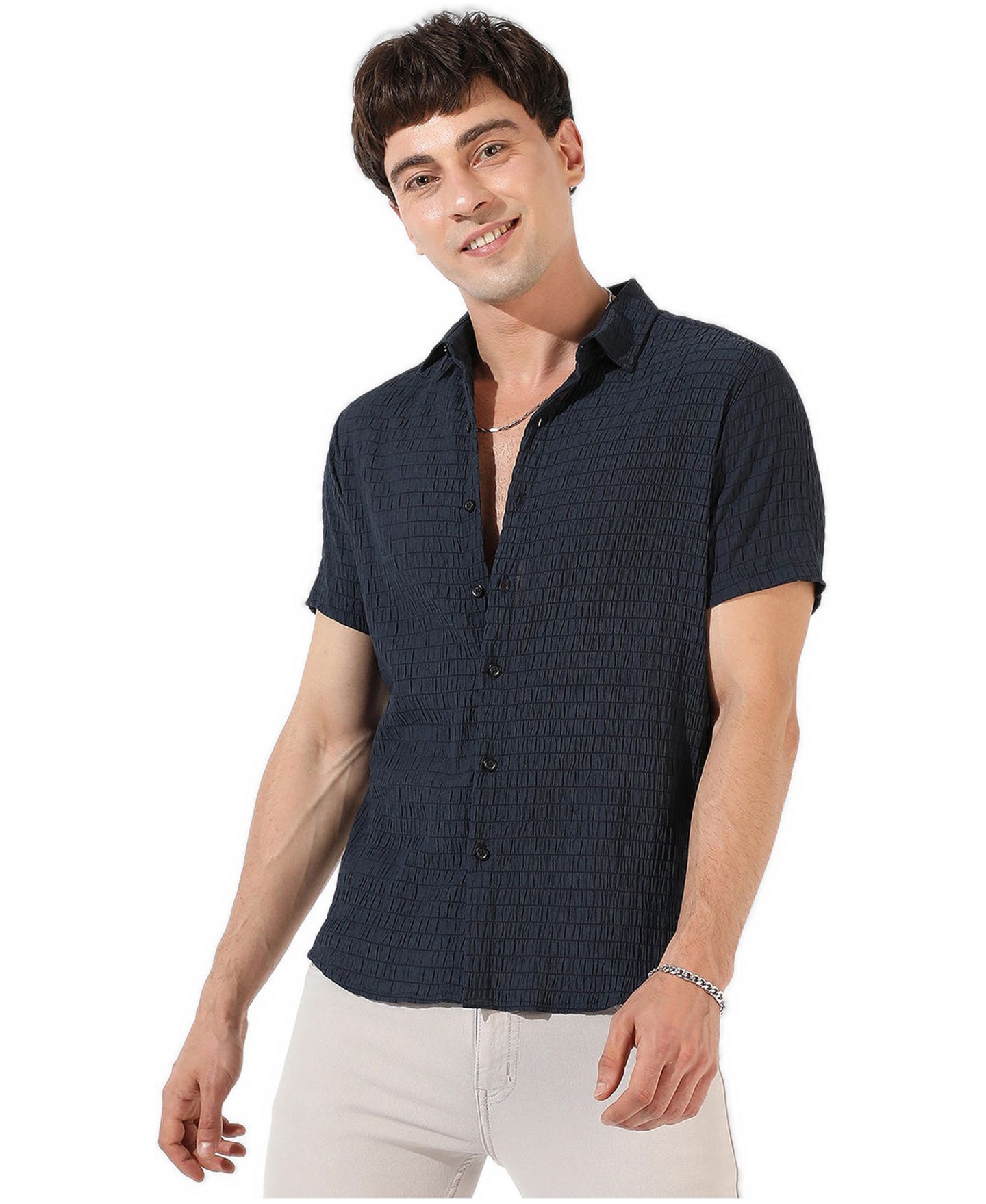 Мужская рубашка Cahoot Campus Sutra Black Textured Regular Fit Casual, цвет: Синий — фото 2