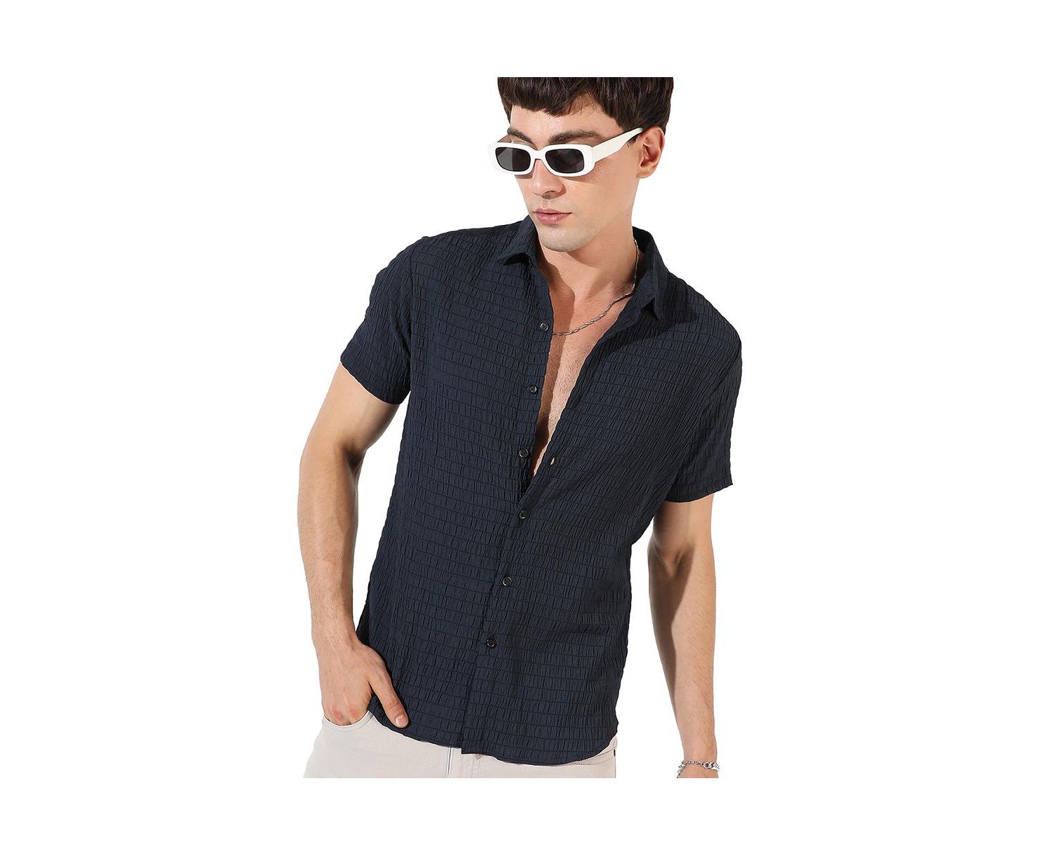 Men's Black Textured Regular Fit Casual Shirt
