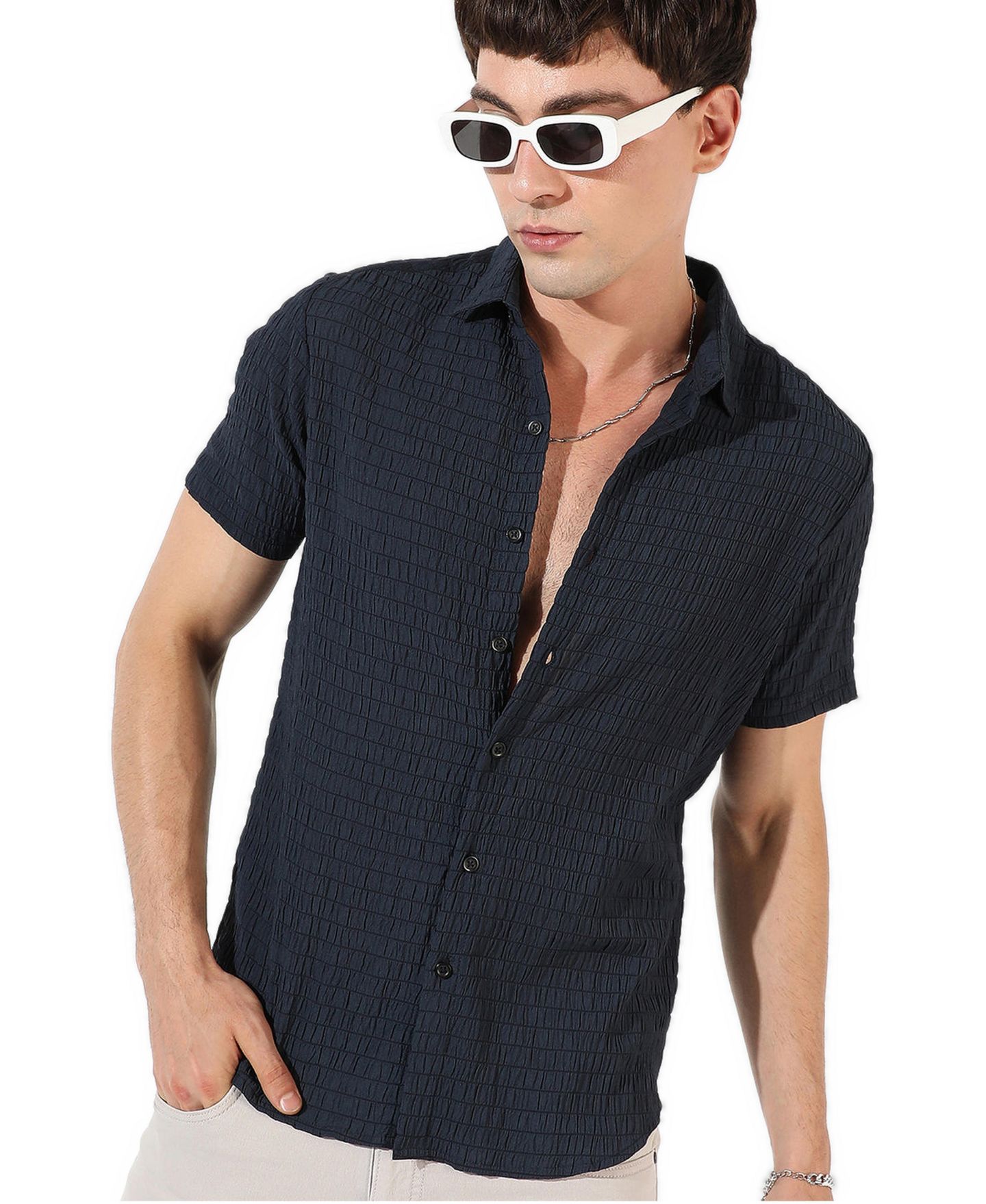 Мужская рубашка Cahoot Campus Sutra Black Textured Regular Fit Casual, цвет: Синий — фото 1