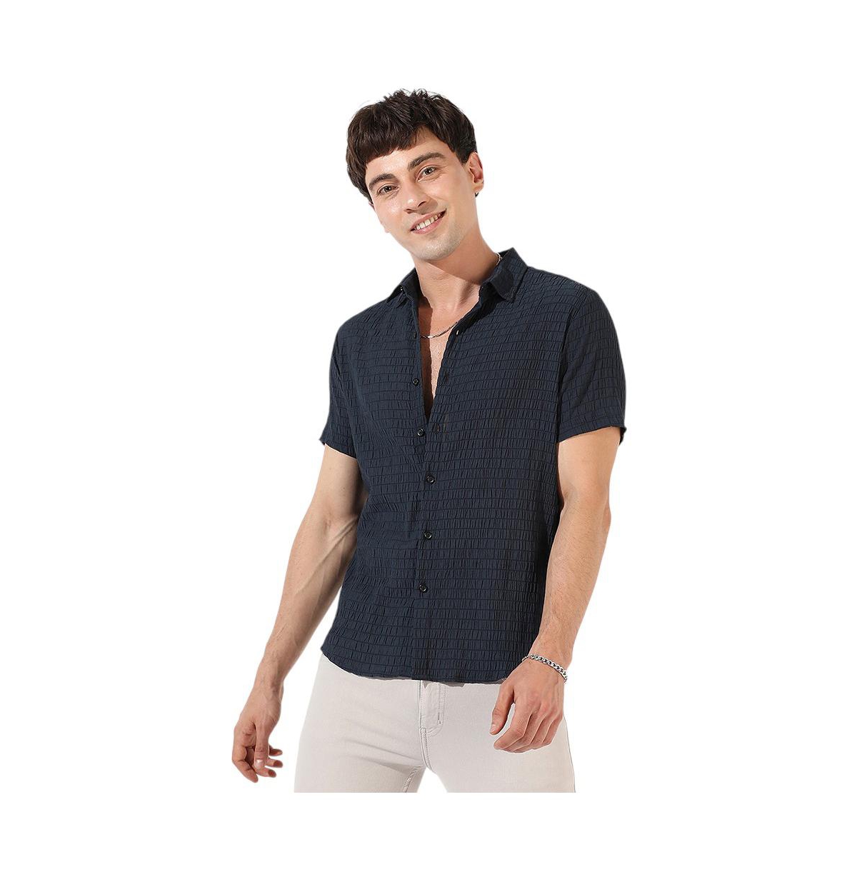 Men's Black Textured Regular Fit Casual Shirt - Blue