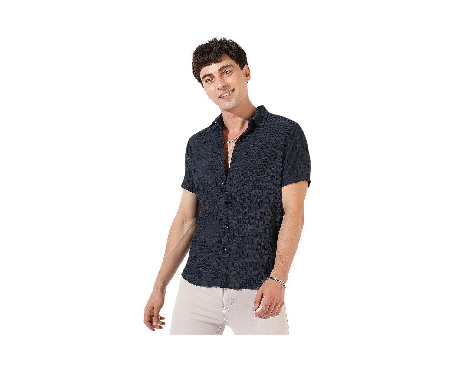 Men's Black Textured Regular Fit Casual Shirt