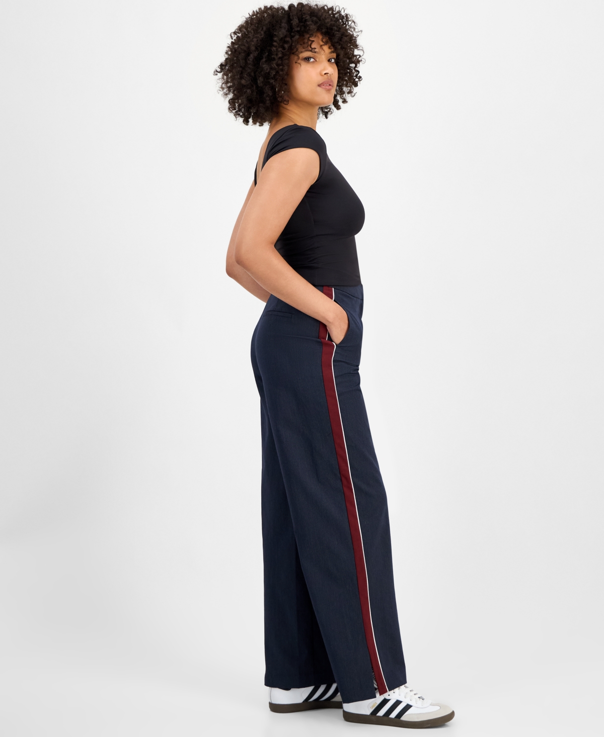 Bar Iii Women's Side-stripe Pleated Wide-leg Pants, Macy's Exclusive In Blue