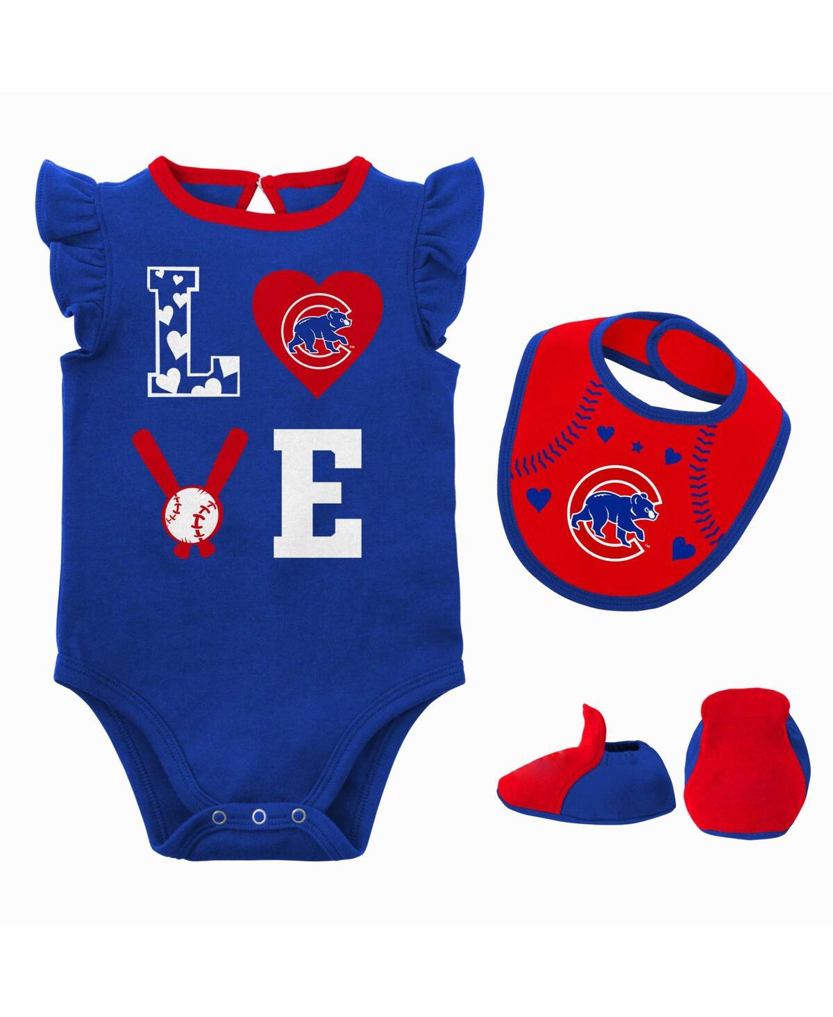 Outerstuff Baby Boys And Girls 3-piece Royal/red Chicago Cubs Love Of Baseball Bib Bodysuit And Booties Set In Blue