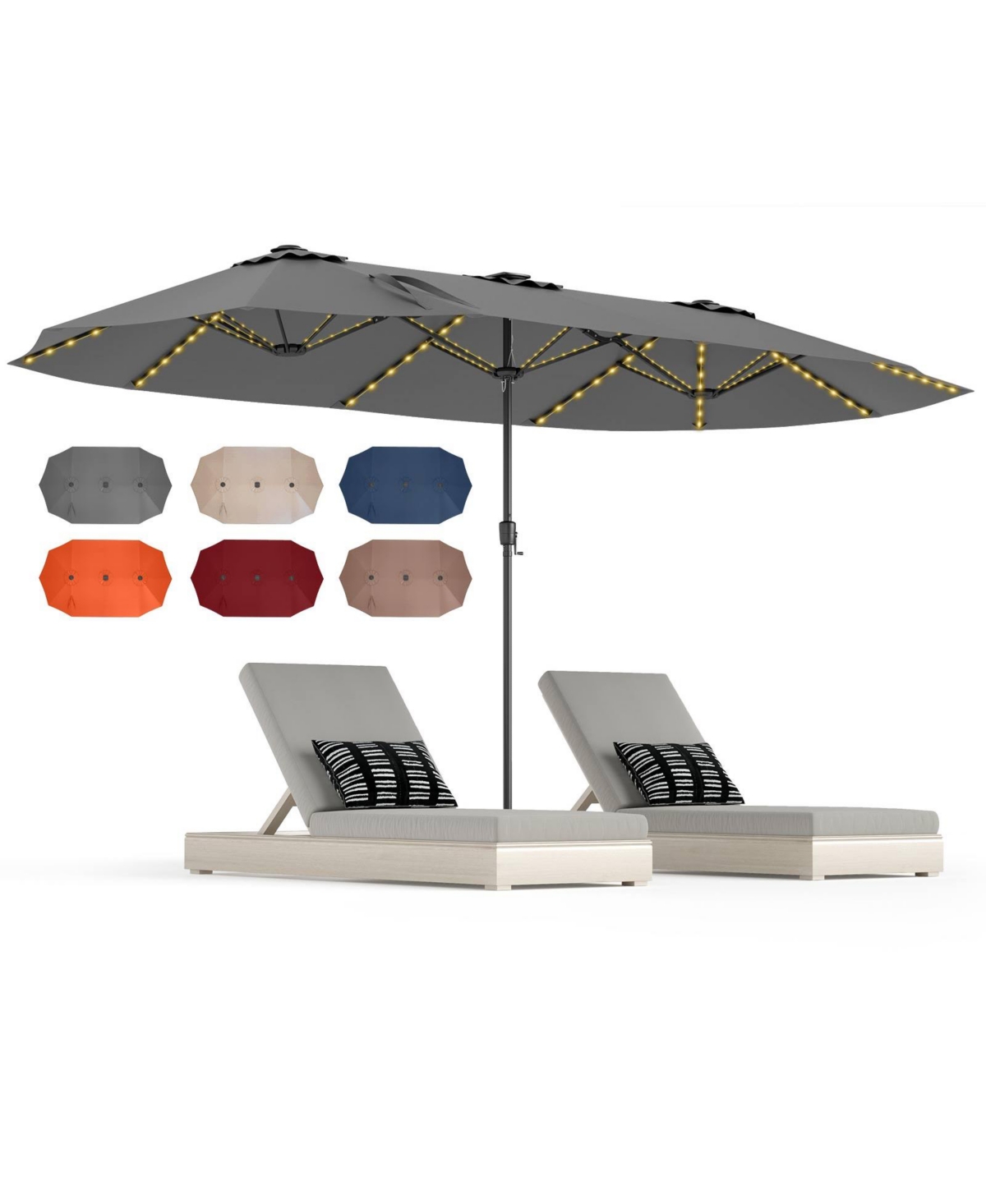 15.5 Ft Double-sided Patio Umbrella w/ Solar Lights Outdoor Twin Size Umbrella - Grey