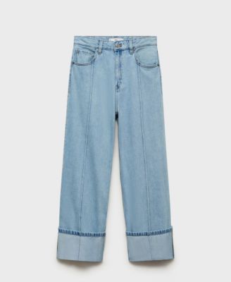 MANGO - Women's Turned-Up Hem Wide-Leg Cropped Jeans