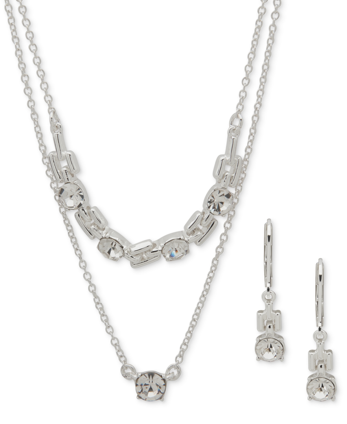 Anne Klein Crystal Drop Earrings & Two-row Necklace, 16" + 3" Extender In Transparent