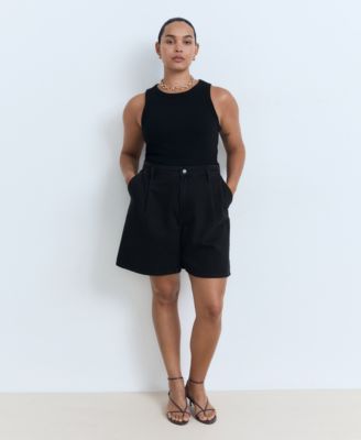 MANGO - Women's Mid-Rise Pleated Denim Bermuda Shorts