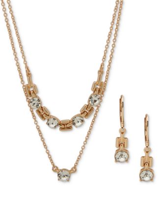 Anne Klein - Gold-Tone Crystal Drop Earrings & Two-Row Necklace, 16" + 3" extender