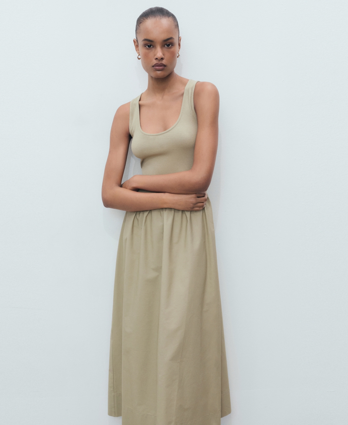 Mango Flared Dress In Combined Fabric Khaki In Brown