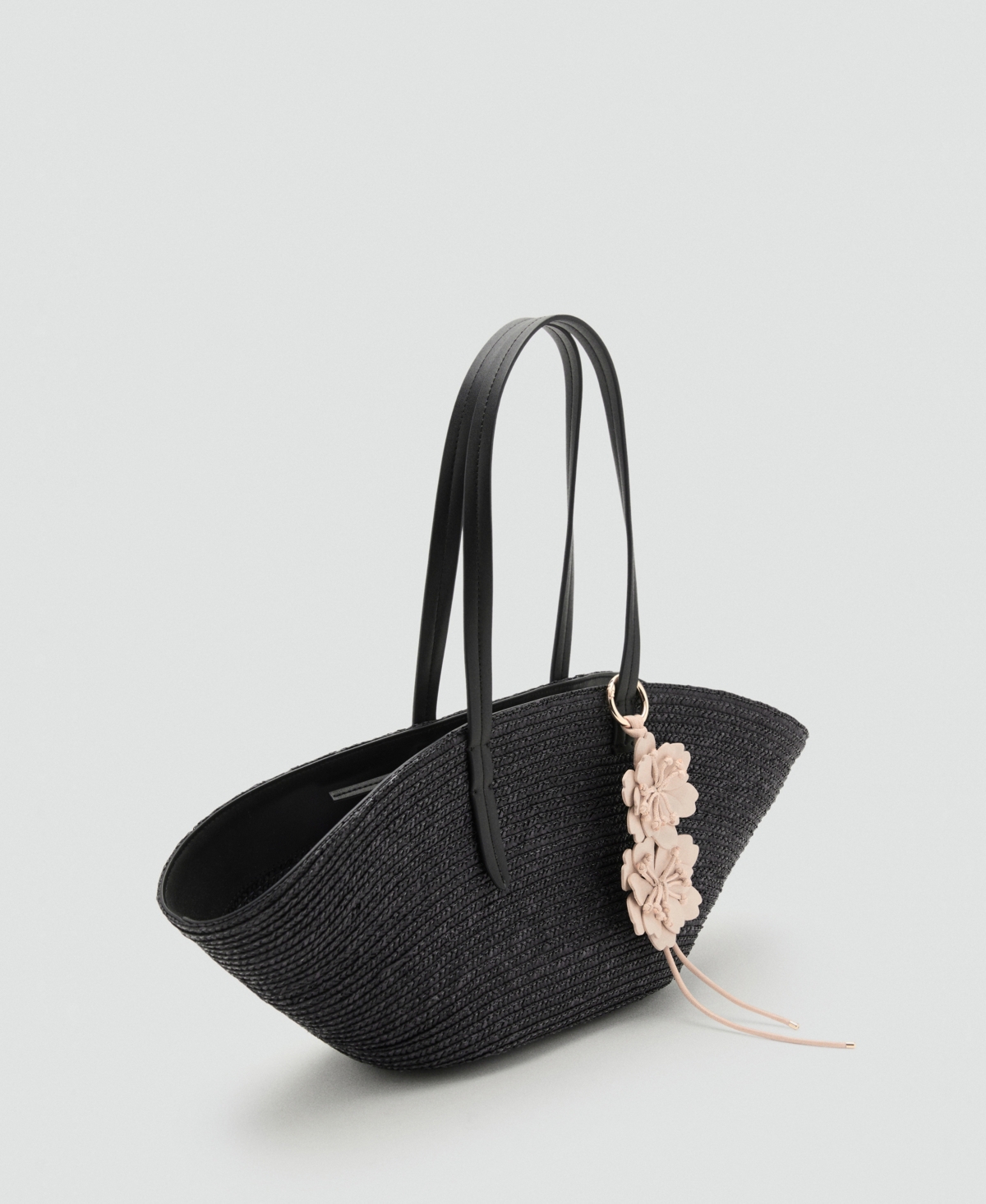 Women's Flower Charm Natural Fiber Basket Bag - Black