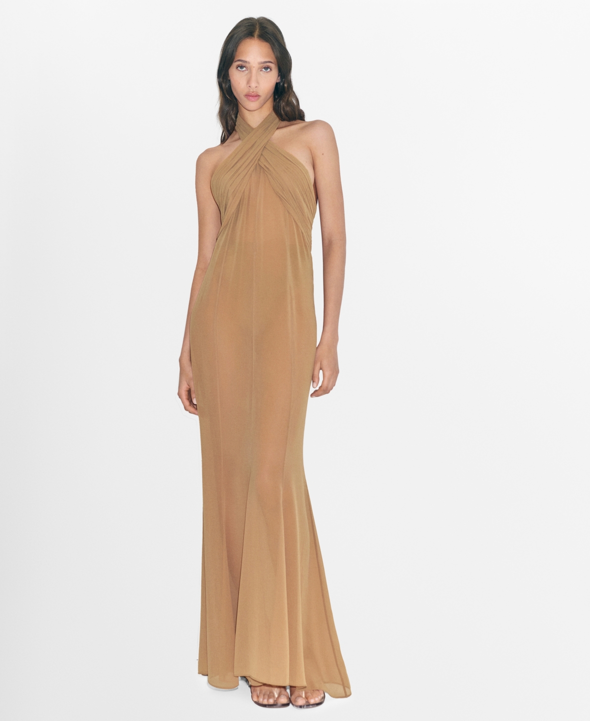 Women's Crossed Neckline Long Semi-Transparent Dress - Nude