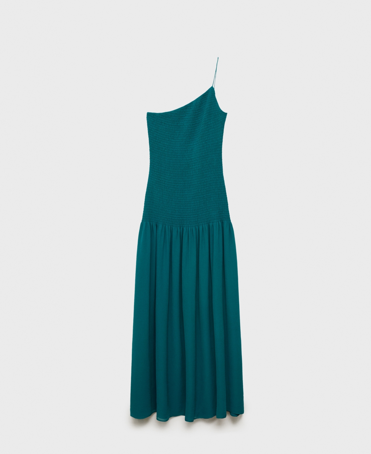 Mango Asymmetric Smocked One-shoulder Midi Dress In Green