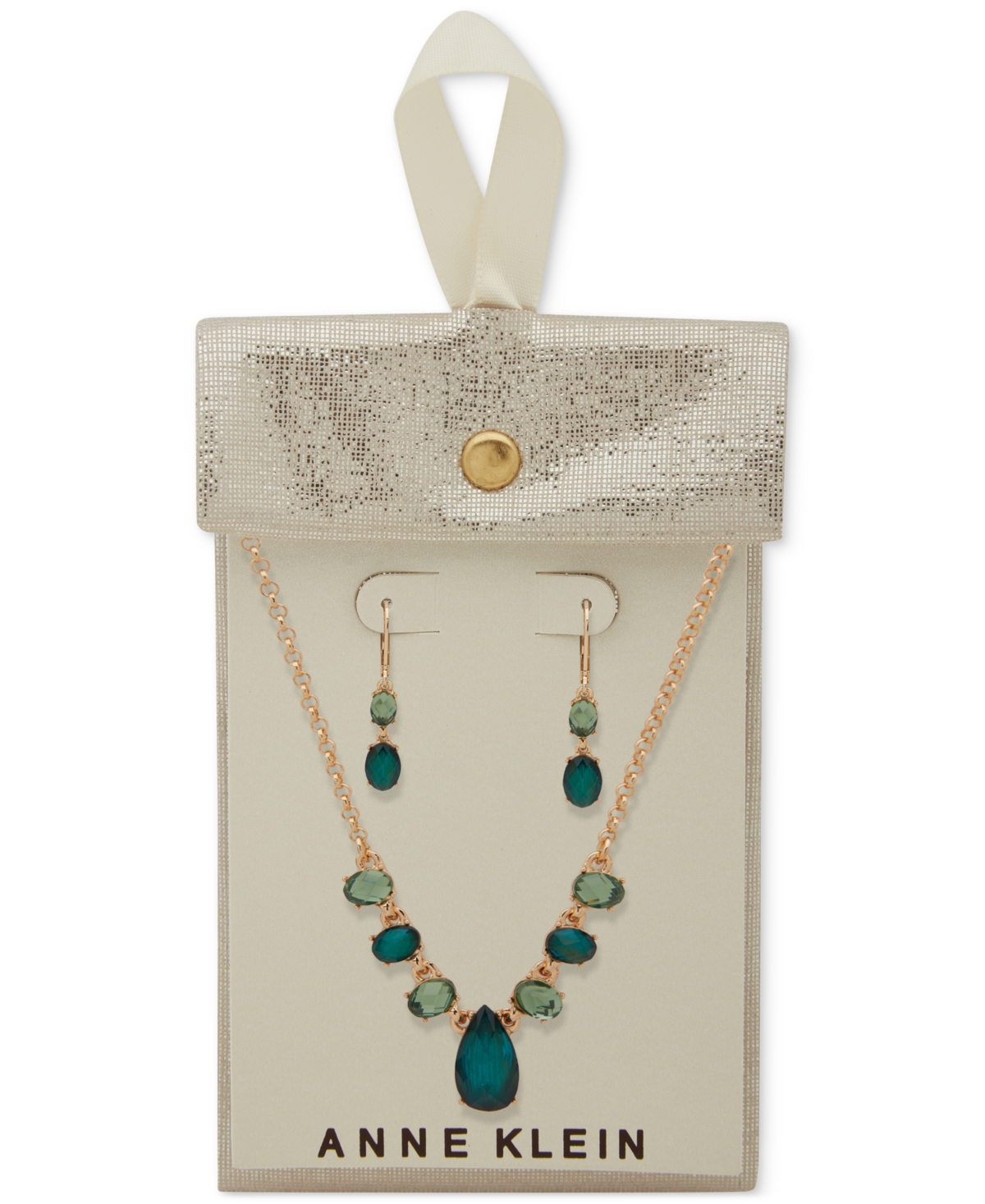 Anne Klein Gold-tone Stone Drop Earrings & Frontal Necklace, 16" + 3" Extender In Green