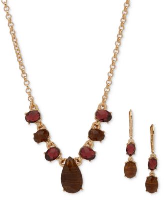 Anne Klein - Gold-Tone Green Stone Drop Earrings & Frontal Necklace, 16" + 3" extender