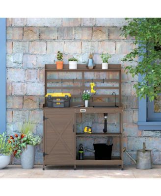 Wooden Potting Bench with Storage, Sink, Water Tap,