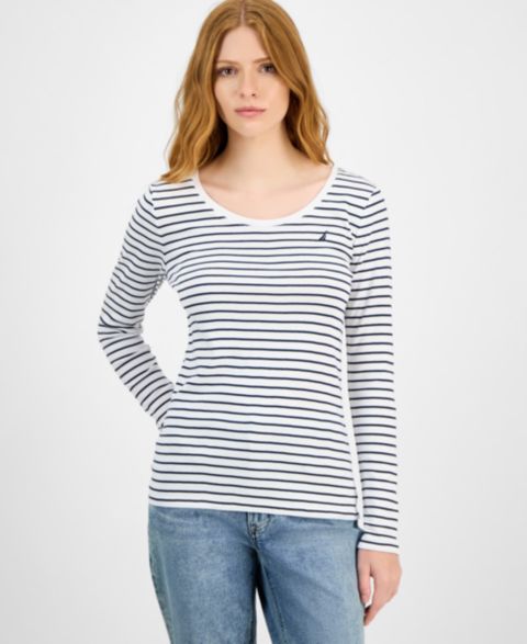 Женская футболка Nautica Cotton Striped Scoop-Neck, цвет: Белый / Небесно-голубой