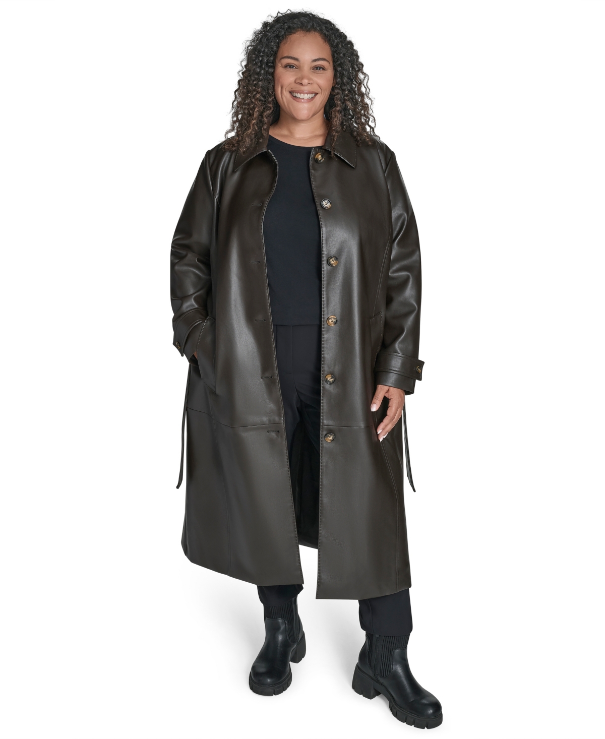 Calvin Klein Plus Size Belted Faux Leather Trench Coat In Black