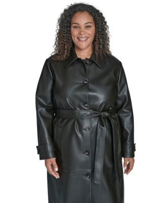 Plus Size Belted Faux Leather Trench Coat