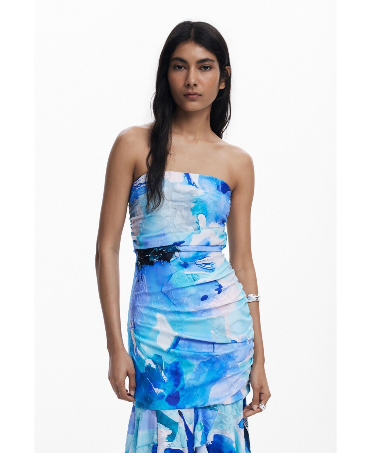 Desigual Ruffle Shirred Dress In Blue