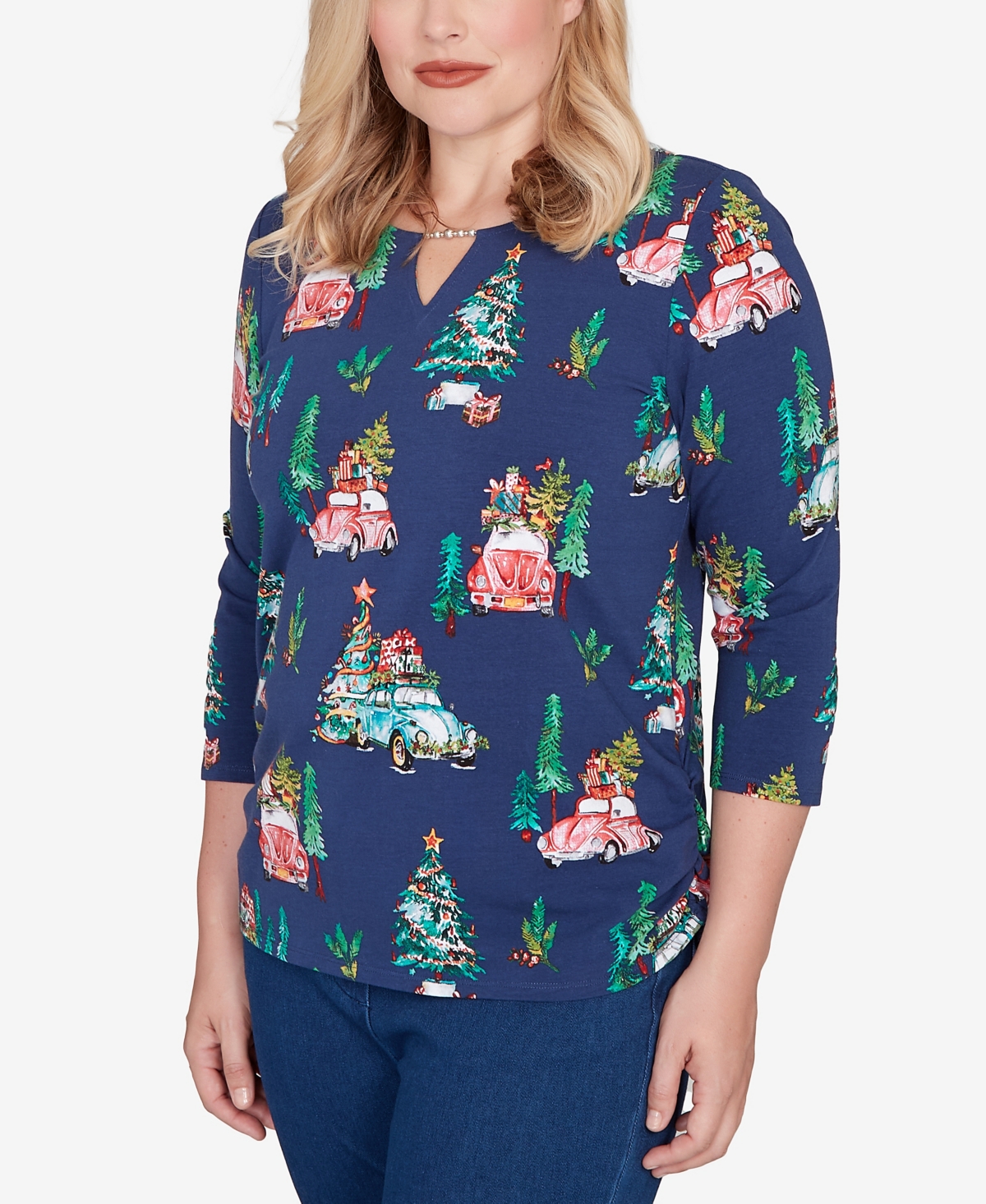 Alfred Dunner Petite Christmas Tree Beaded Top In Blue