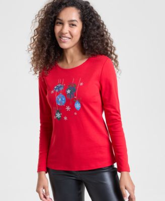 Women's Ornaments Long-Sleeve Top, S-4X, Macy's Exclusive