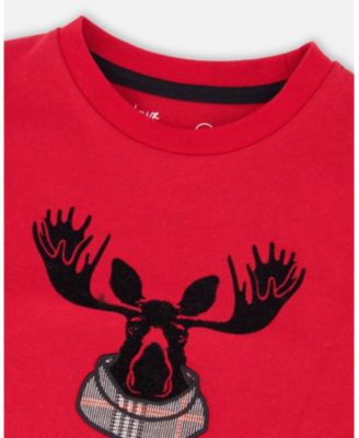 Little Boys Jersey T-Shirt Cherry Red with Moose - Toddler|Child