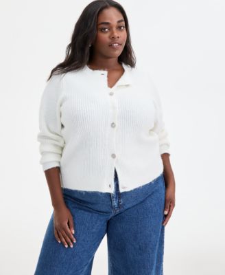 On 34th - Trendy Plus Size Metallic Knit Jewel-Button Cardigan