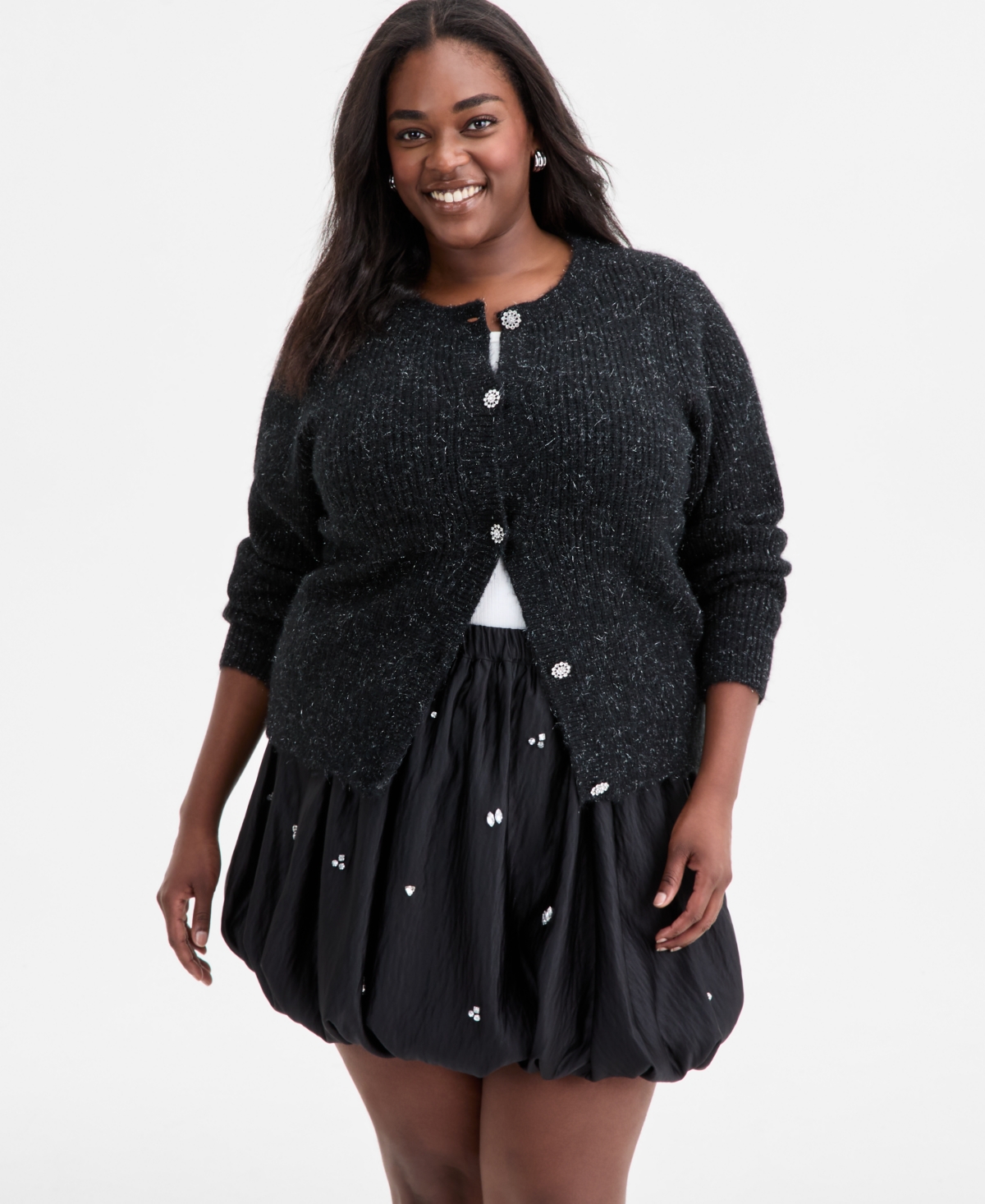 On 34th Trendy Plus Size Metallic Knit Jewel-button Cardigan, Macy's Exclusive In Black