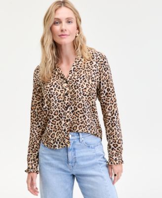 Women's Ruffle-Trim Split-Neck Blouse