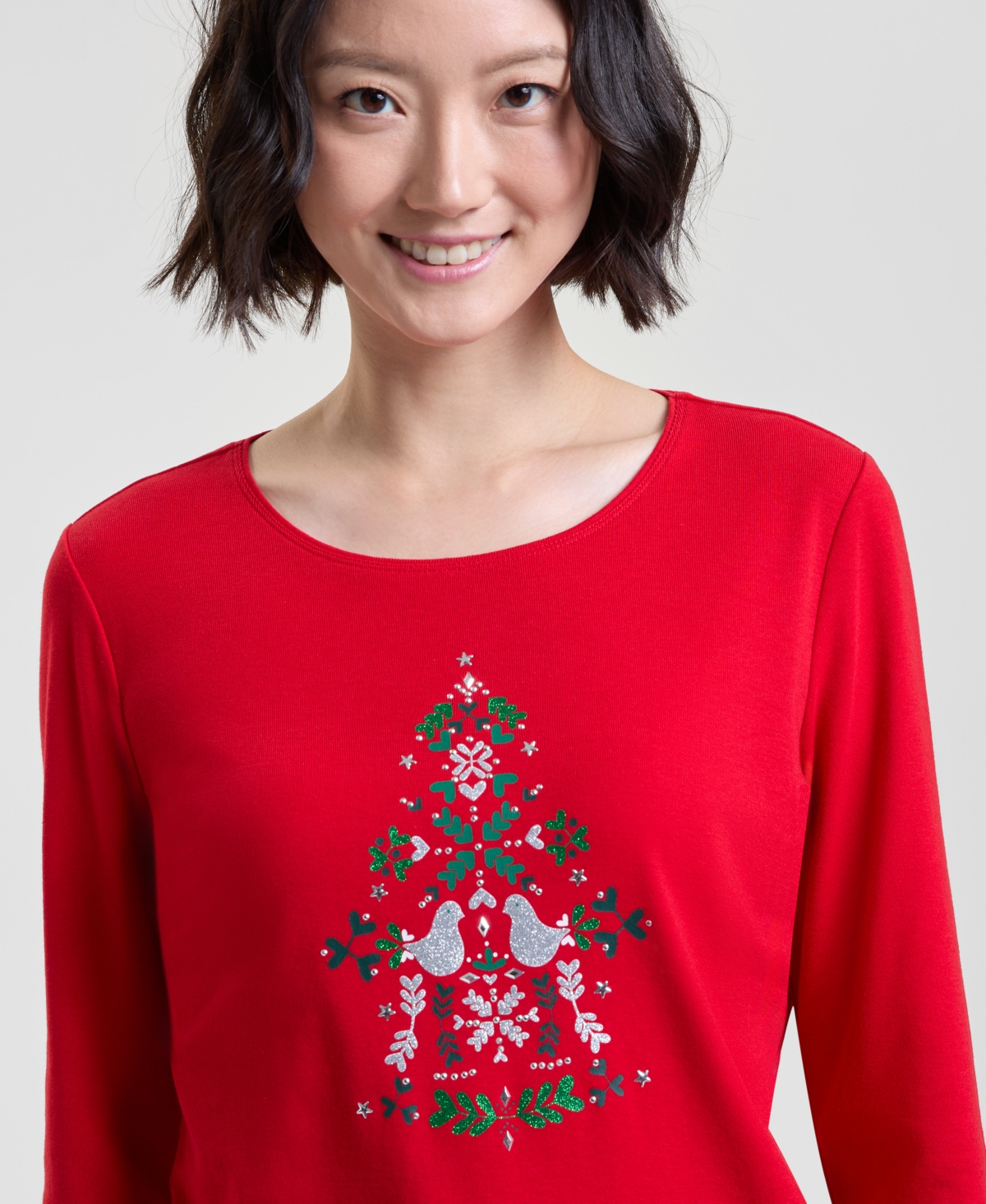 Holiday Lane Petite Scandi Tree Long-sleeve Tee, Macy's Exclusive In Red