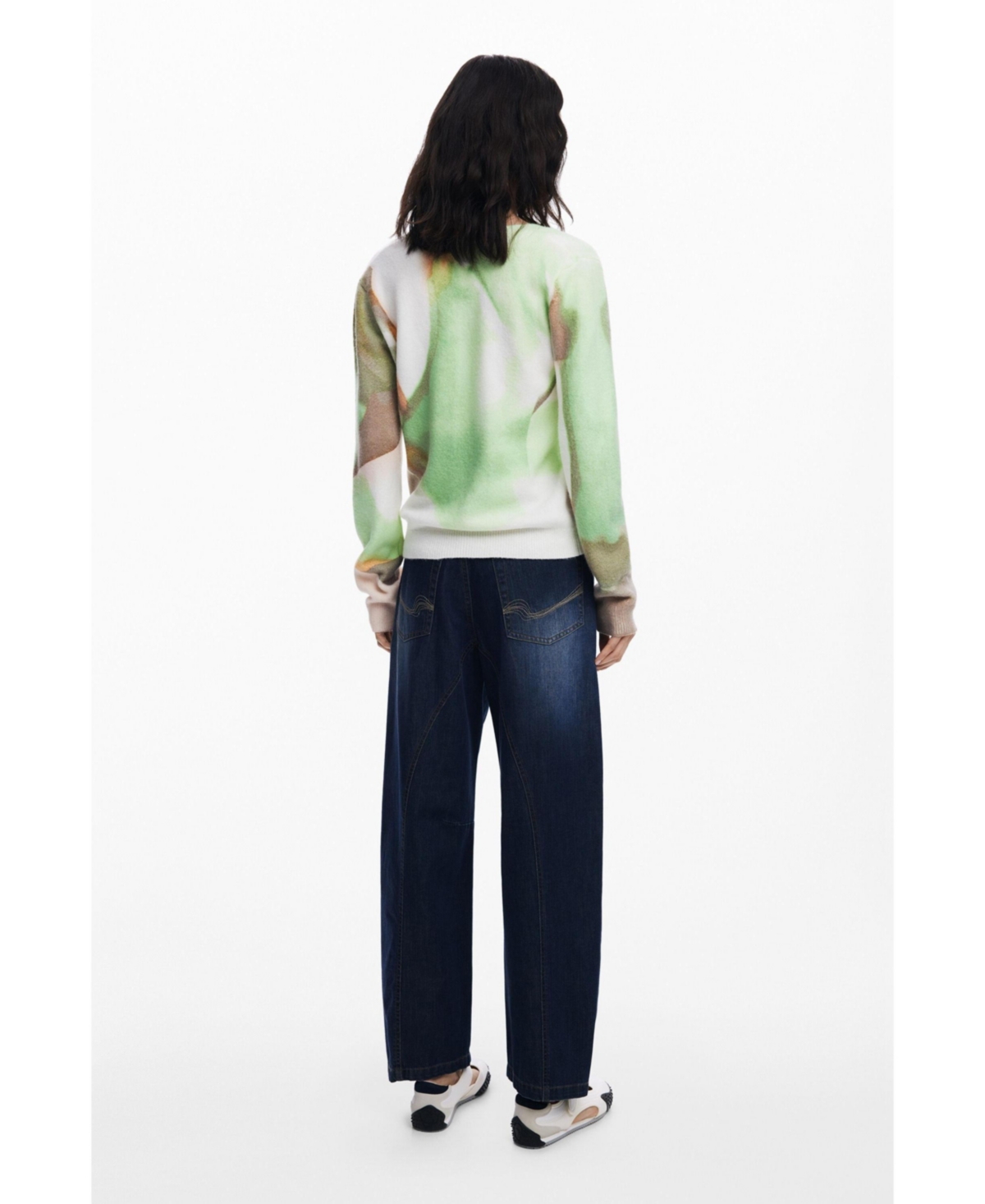 Desigual Abstract Print V-neck Sweater In Green