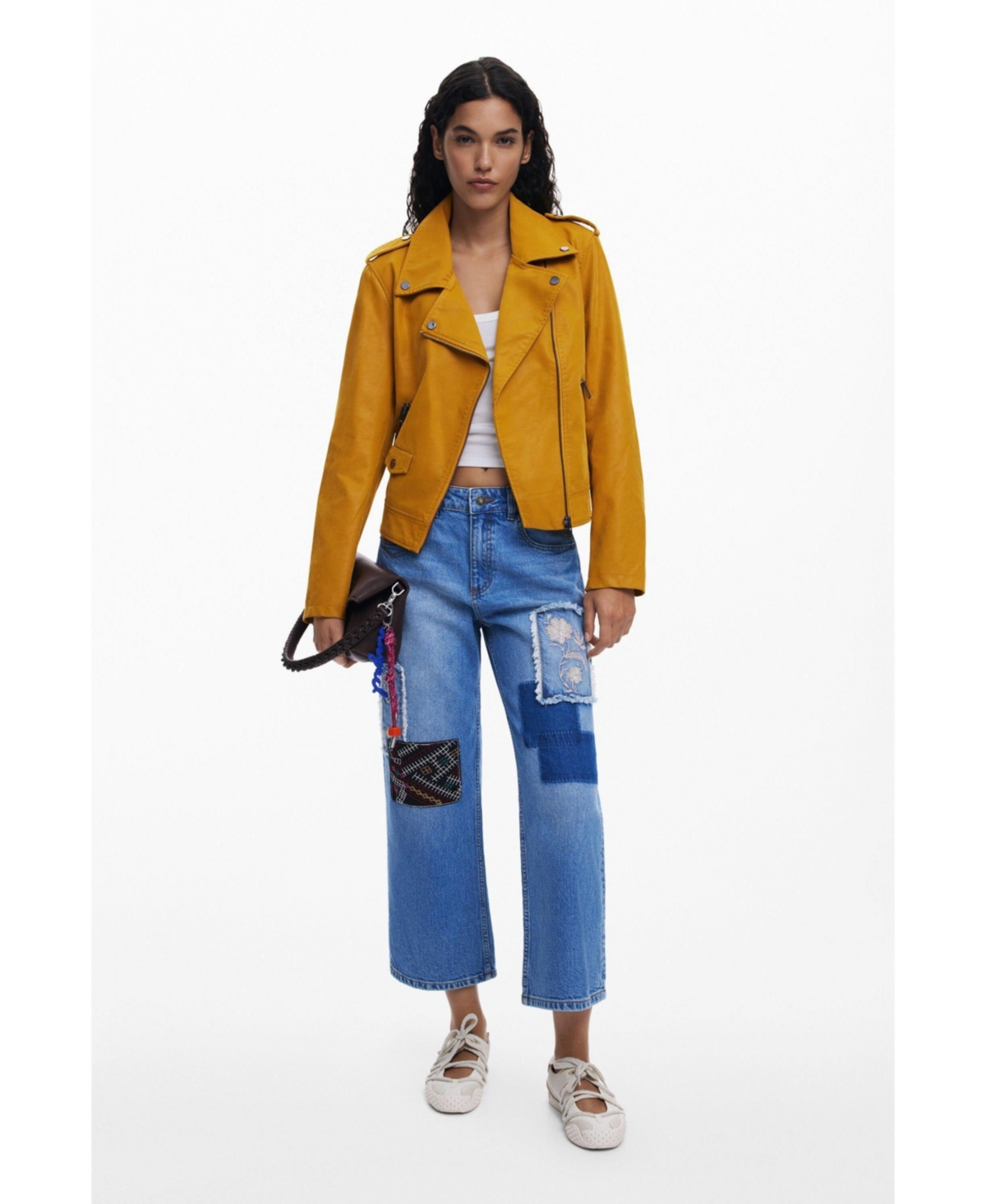 Desigual Patched Mid Rise Crop Wide Leg Jeans In Blue